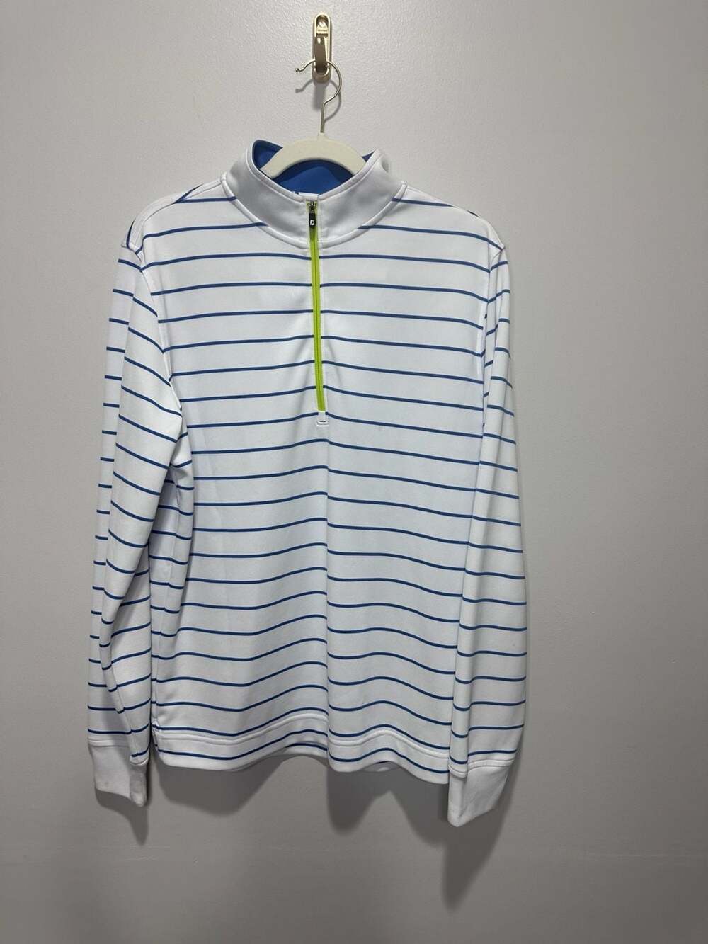 FootJoy Men's Striped 1/4 Zip Golf Pullover White Blue Lime Green Size M